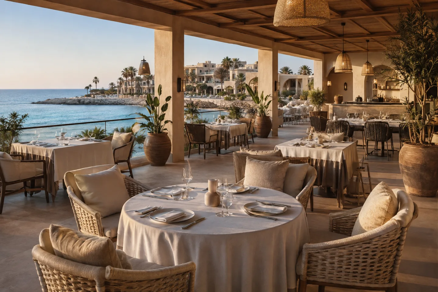 The Silver Plate restaurant at MARSA Marina 5, set for dinner above the shore